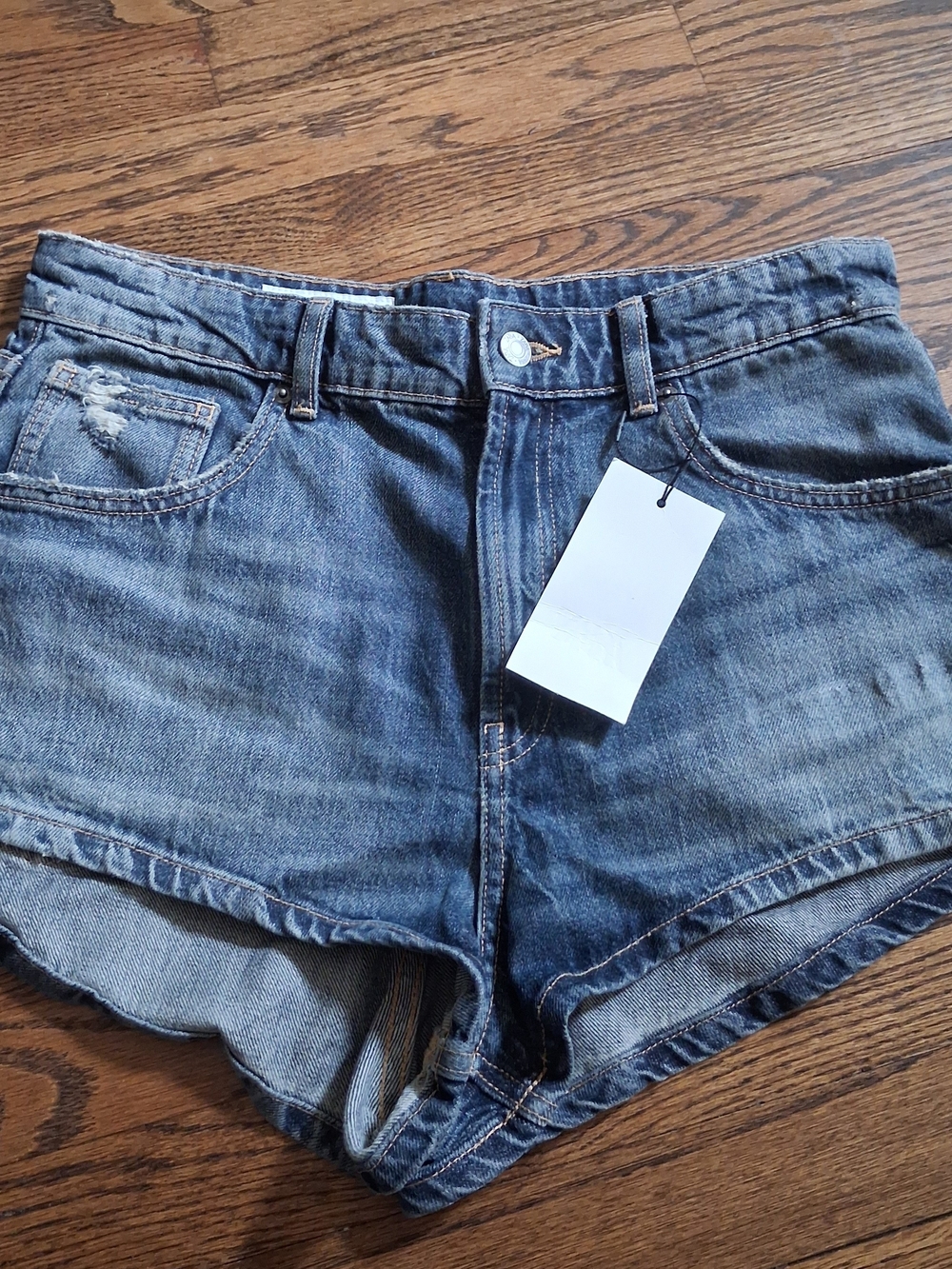 Zara  High Rise Distressed Denim Shorts Blue Size 10 Medium Wash Curved Hem